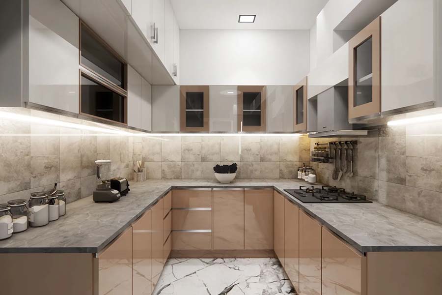 Baldia Interiors team installing a modern U-shaped kitchen in Delhi